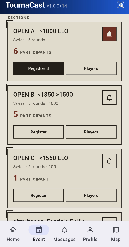 TournaCast event screen